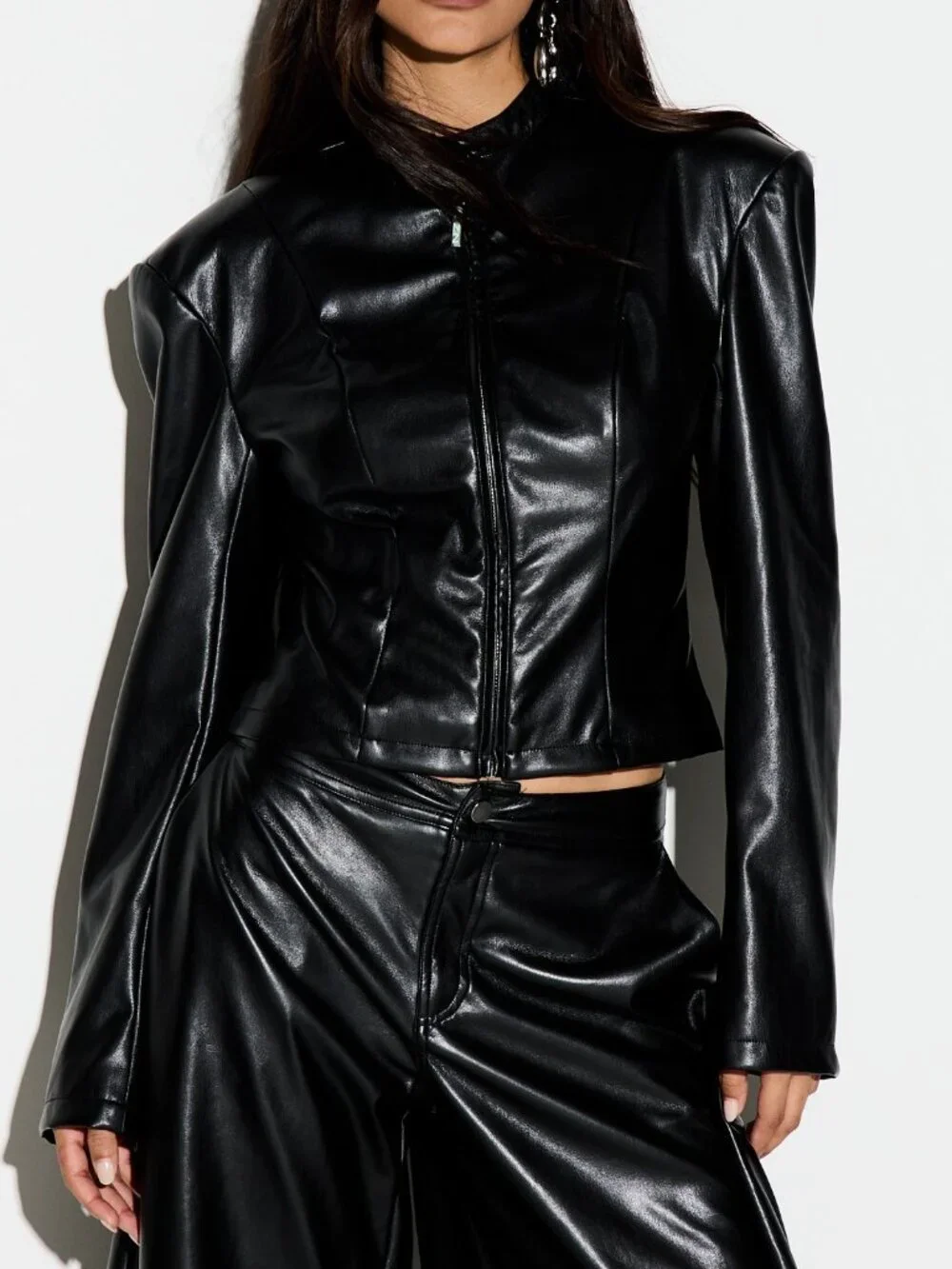 Black Party Women's Faux Leather Cropped Jacket With Stand Collar